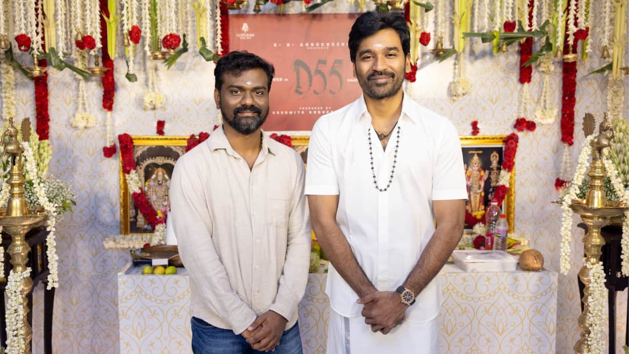 dhanush new film d55 announce with amaran director Rajkumar Periasamy launch event pics viral after Idly Kadai