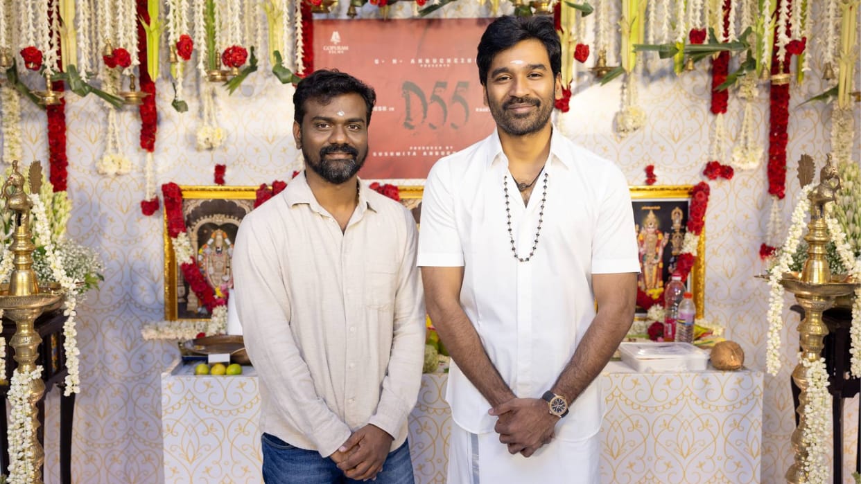 dhanush new film d55 announce with amaran director Rajkumar Periasamy launch event pics viral after Idly Kadai
