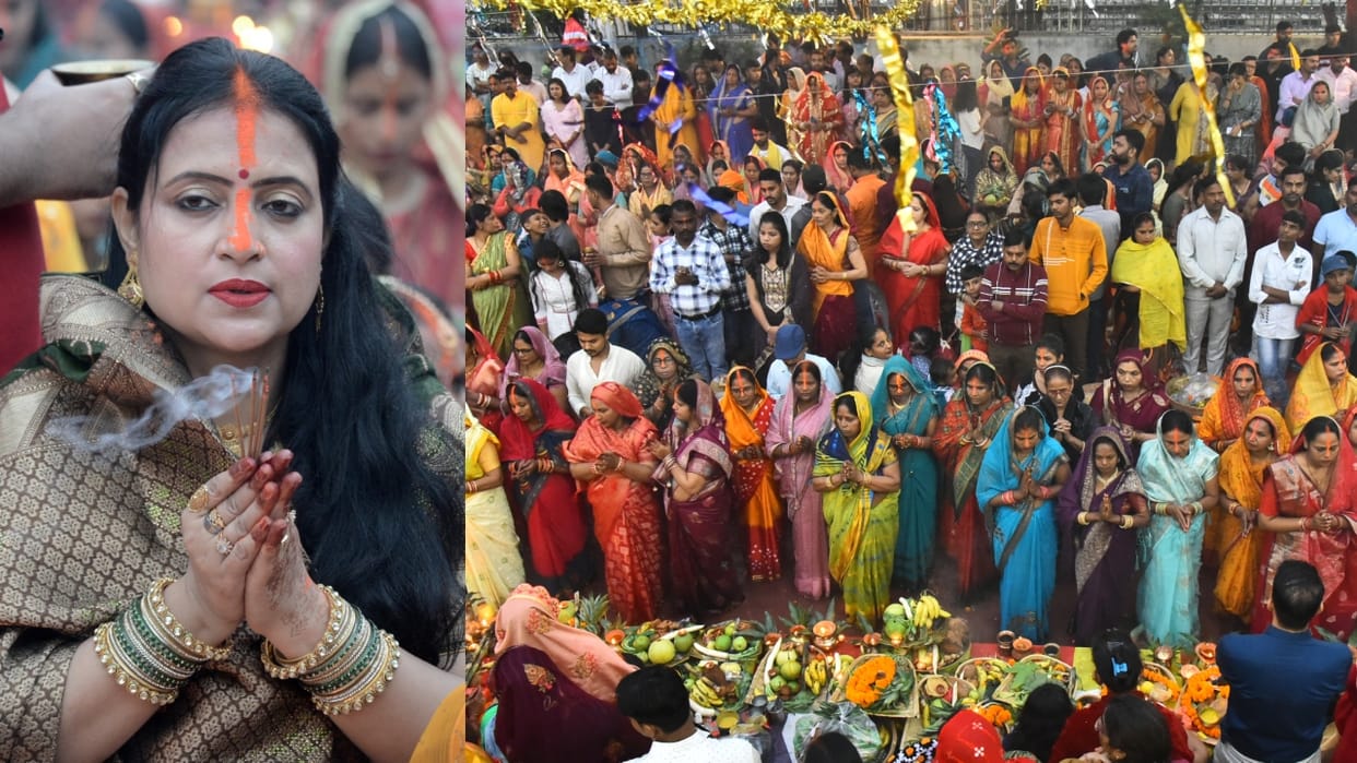 Chhath puja 2024 women offering arghya to rising sun in bareilly