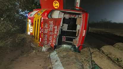 bus out of control and overturned in a pit near Gabhana highway toll plaza