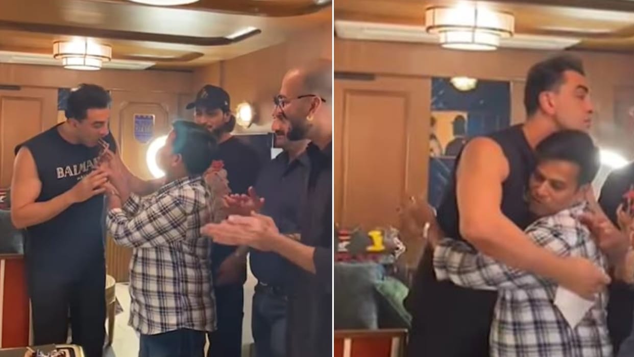 Ranbir Kapoor celebrating staff member birthday cutting cake hug prove he has a golden heart watch viral video