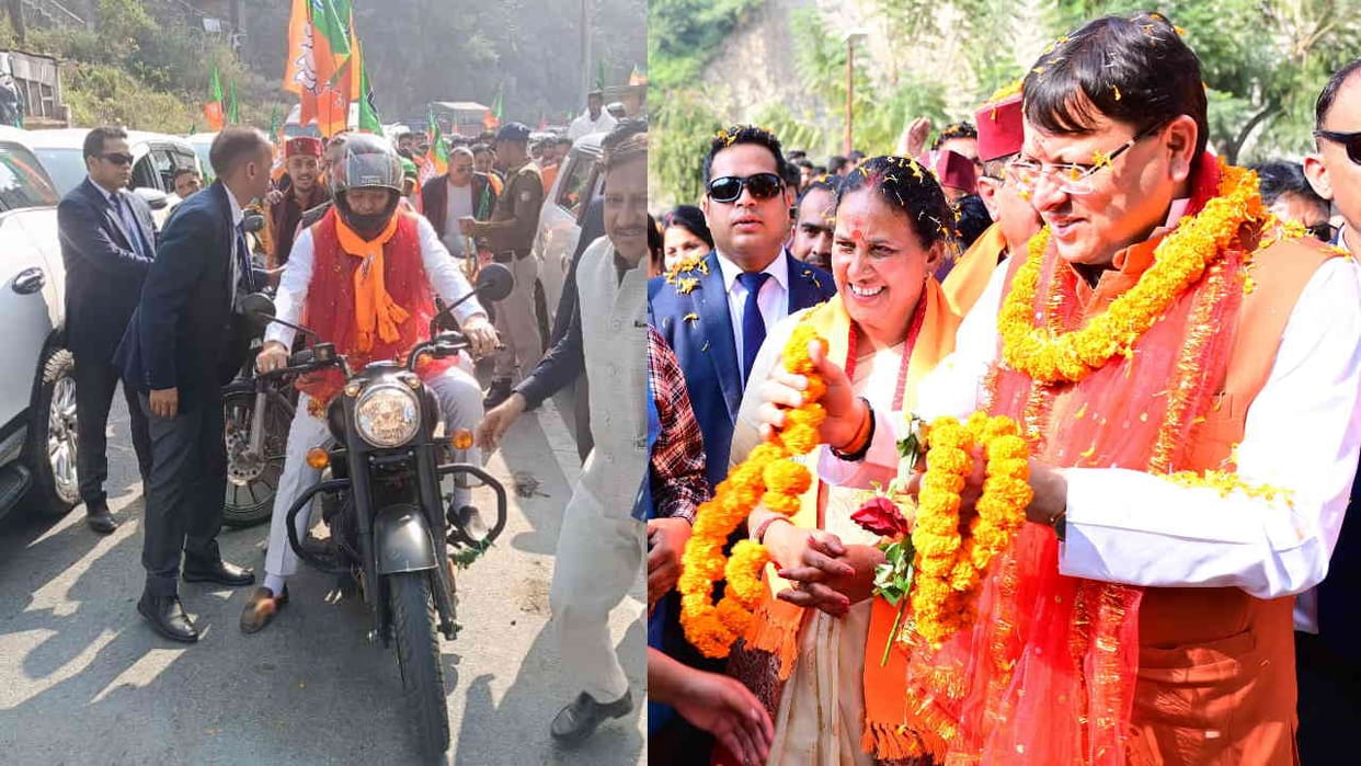 CM Dhami joined bike rally Kedarnath By Election arrived in support of BJP candidate Agastyamuni Watch Photos