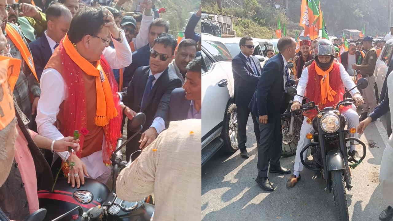 CM Dhami joined bike rally Kedarnath By Election arrived in support of BJP candidate Agastyamuni Watch Photos