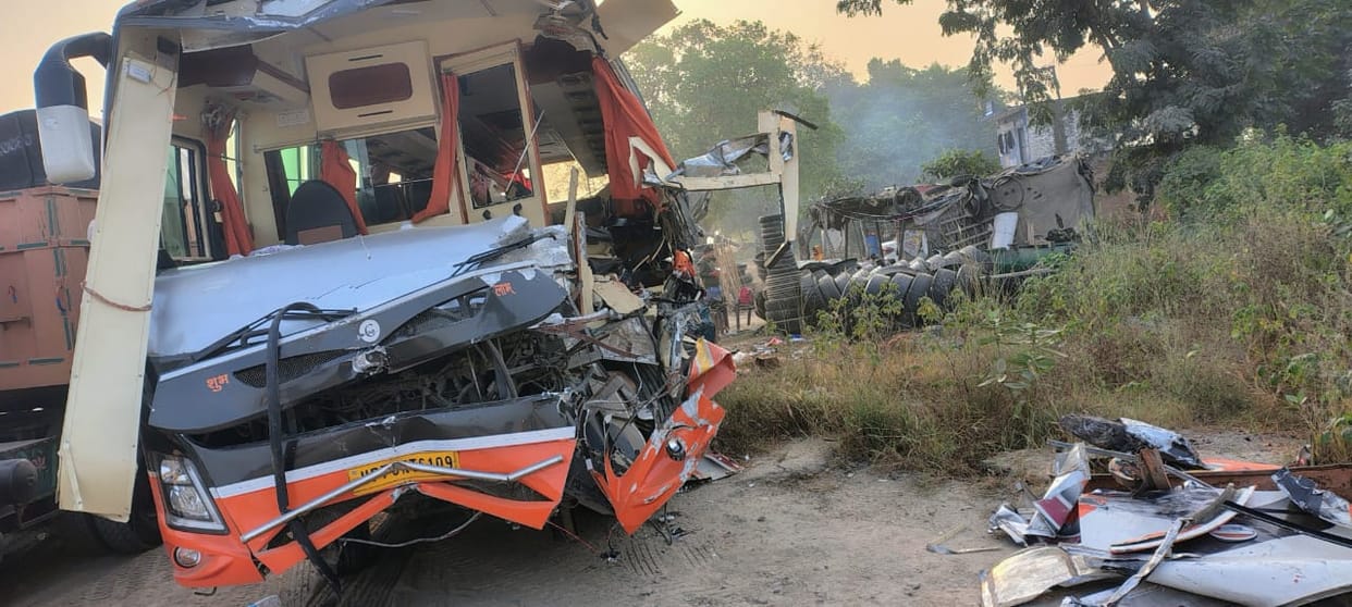 Fatehpur Accident A bus carrying a wedding procession collides with  trailer one dead and more than 12 injured