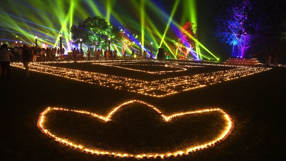 Vasudev Ghat situated on Yamuna river bathed in light of lamps