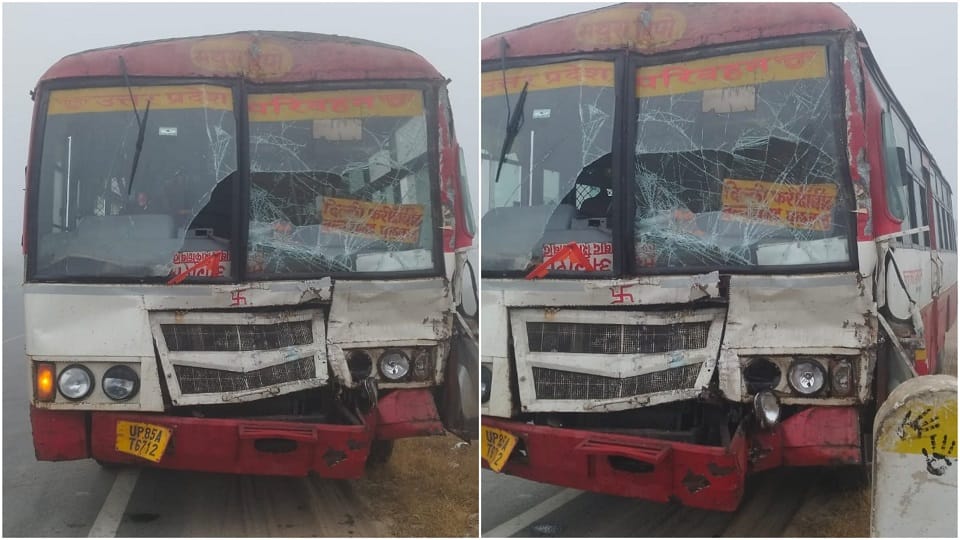 First fog havoc in Mathura this season roadways bus rammed into truck more than two dozen passengers injured