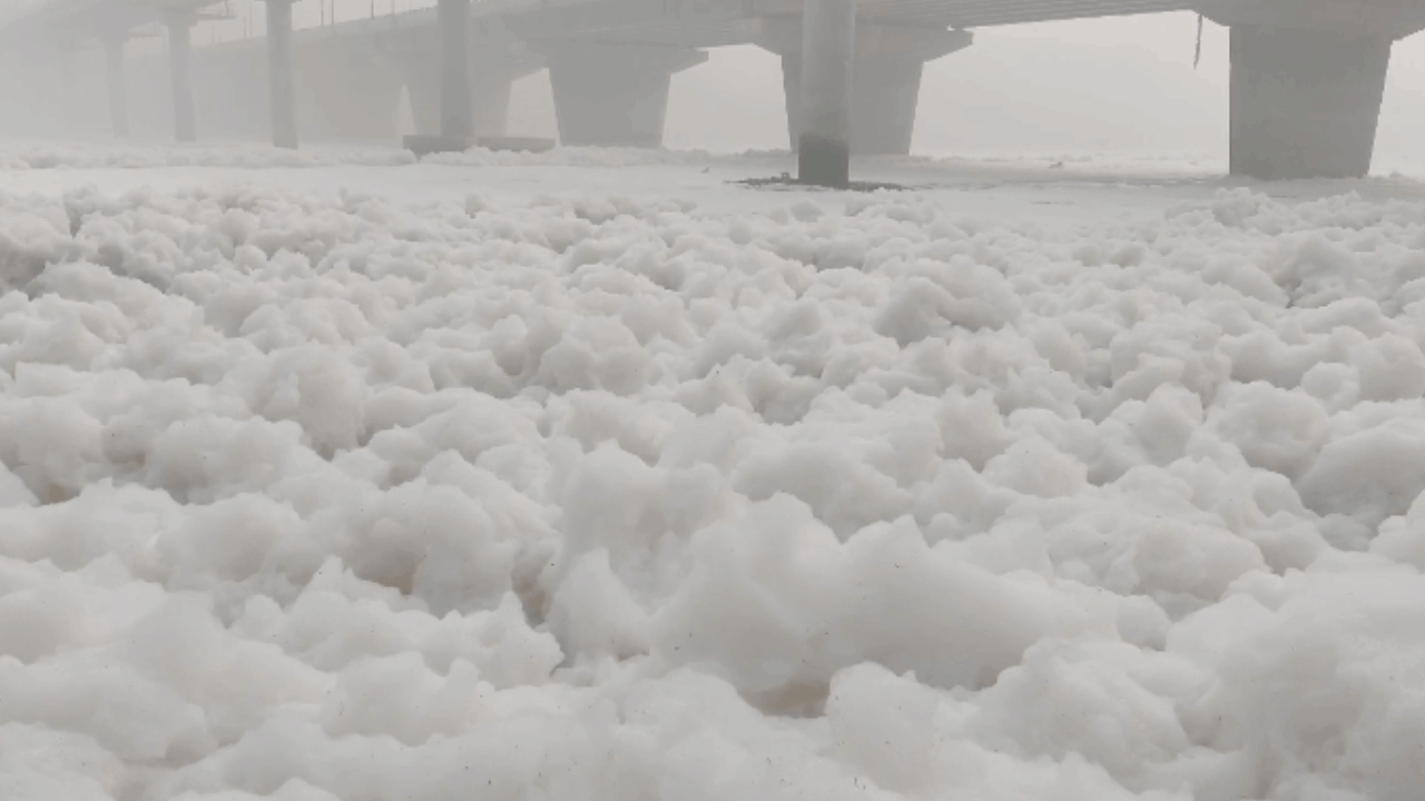 Due to high pollution level in Yamuna river in Noida  toxic foam continuously formed