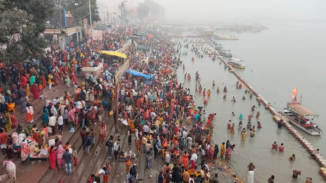 Devotees take bath in Sarayu River in Ayodhya.