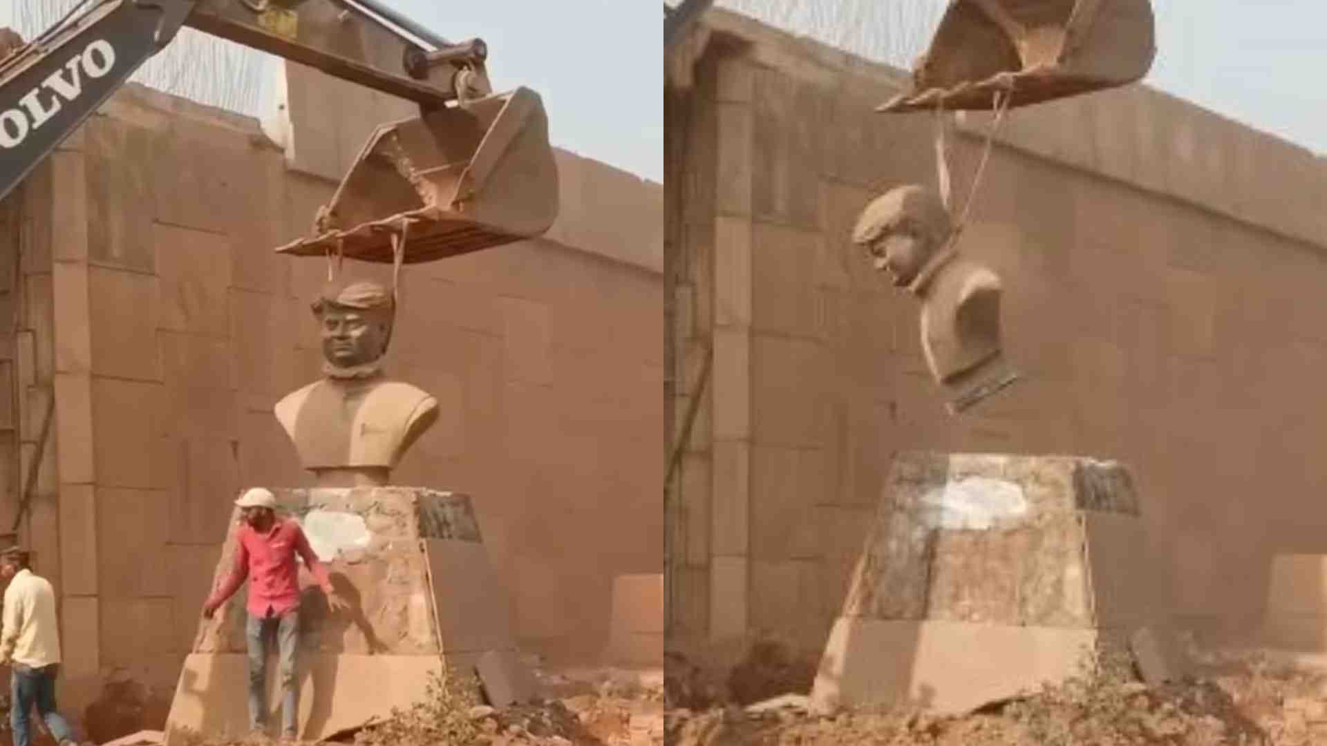 गले में रस्सी डालकर गलत ढंग से हटाई गई प्रतिमा।