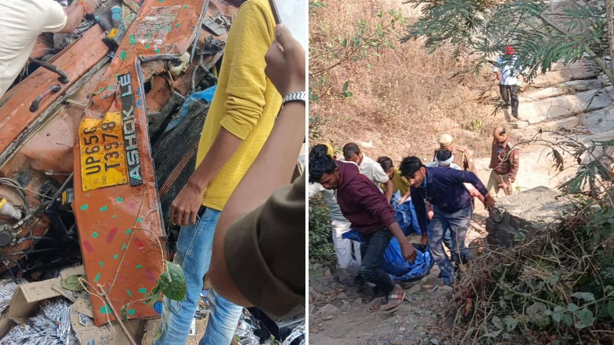 Horrible accident in Sonbhadra DCM broke railing fell ditch driver died goods worth lakhs of rupees vehicle