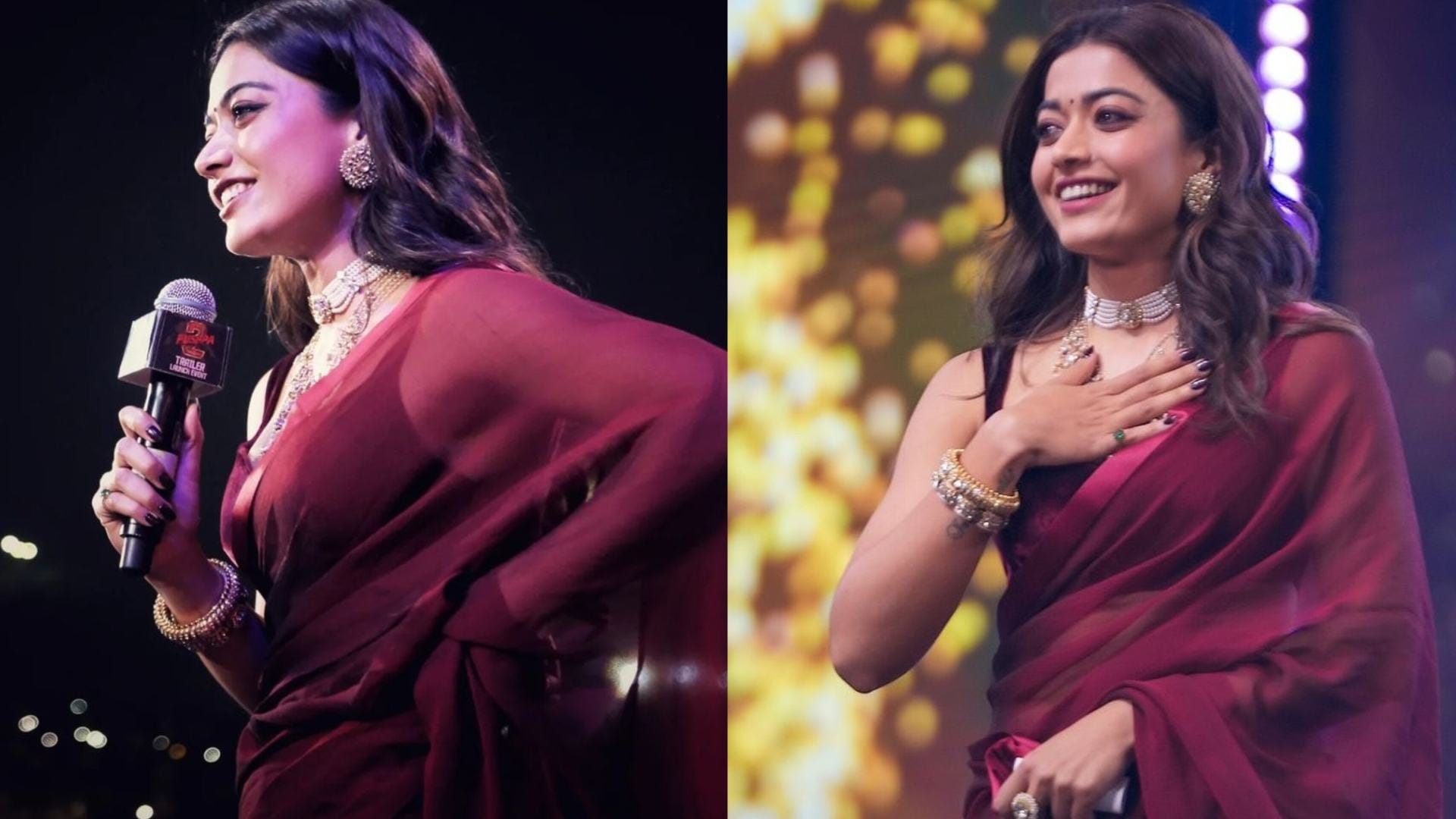 Rashmika mandanna saree look at Pushpa 2 Trailer Launch disprj