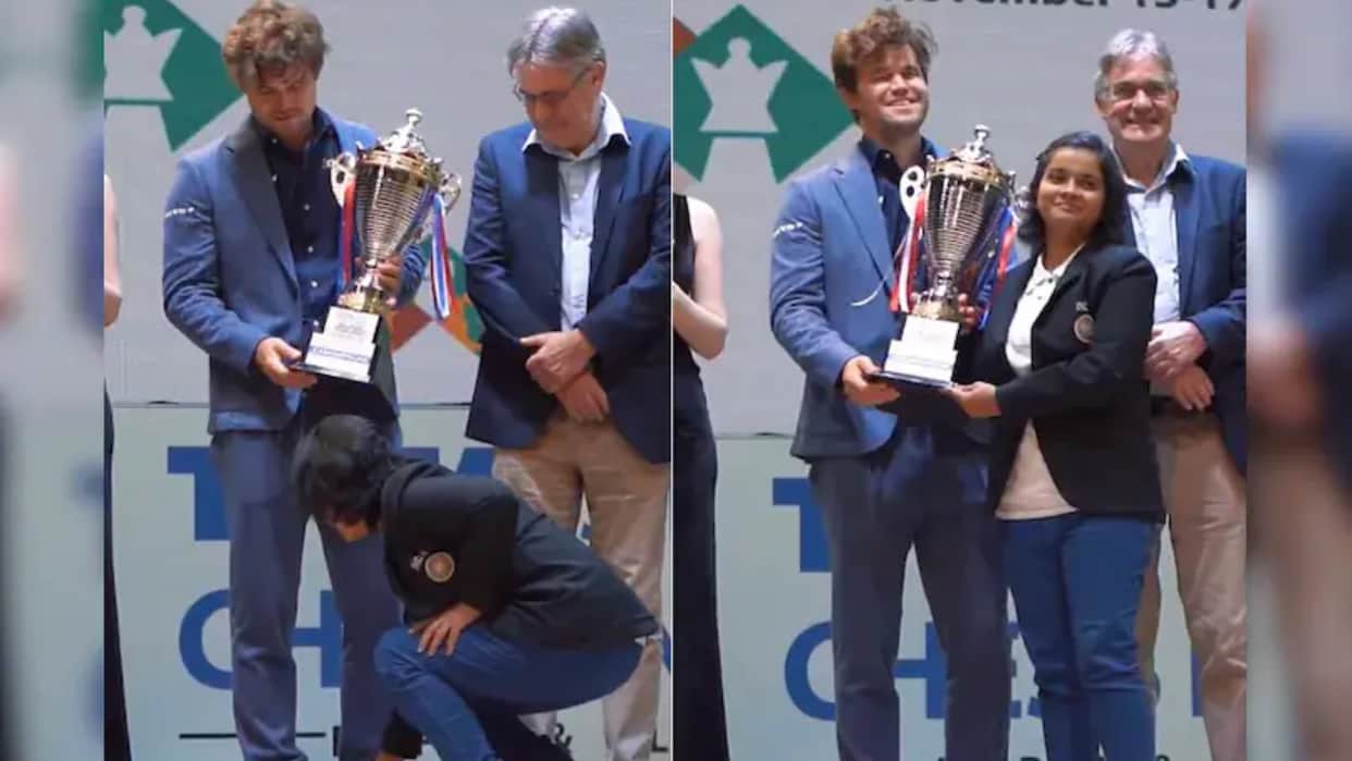 VIDEO: Indian Female Chess Star Touches Magnus Carlsen Feet, Watch his touching Reaction Is Viral