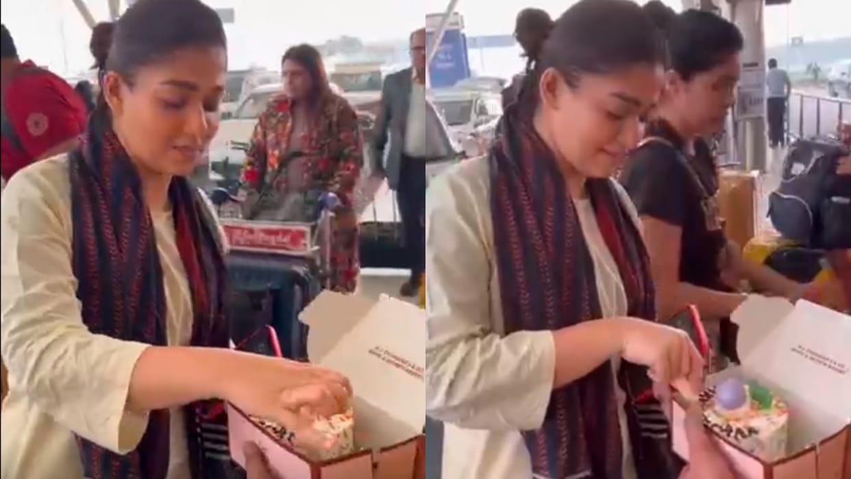 Fan bought cake cut for Nayanthara at airport seen with husband and children in Viral viral