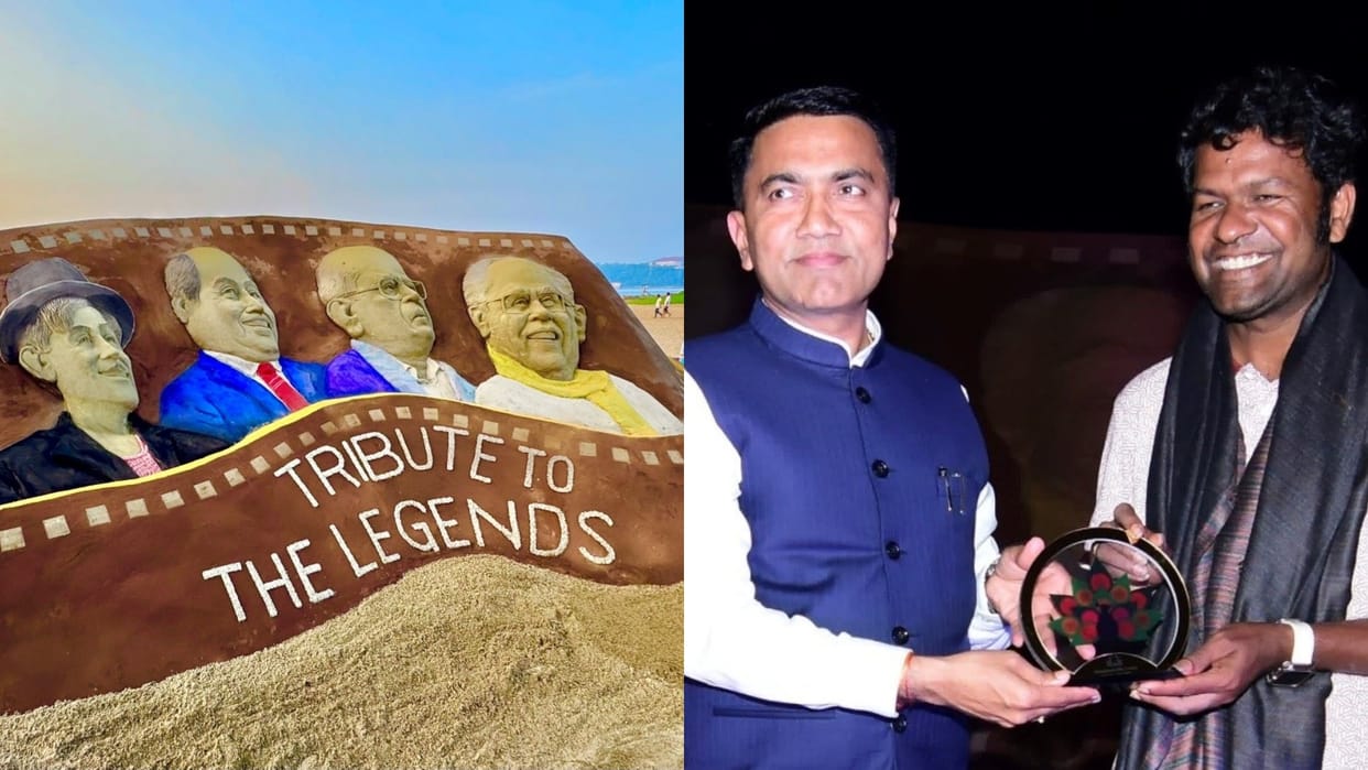 Sudarsan Pattnaik gave tribute to Akkineni Nageswara Rao Tapan Sinha Mohammed Rafi Raj Kapoor at Miramar Beach