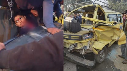 Tractor-trolley hits the school van on the highway in shahjahanpur