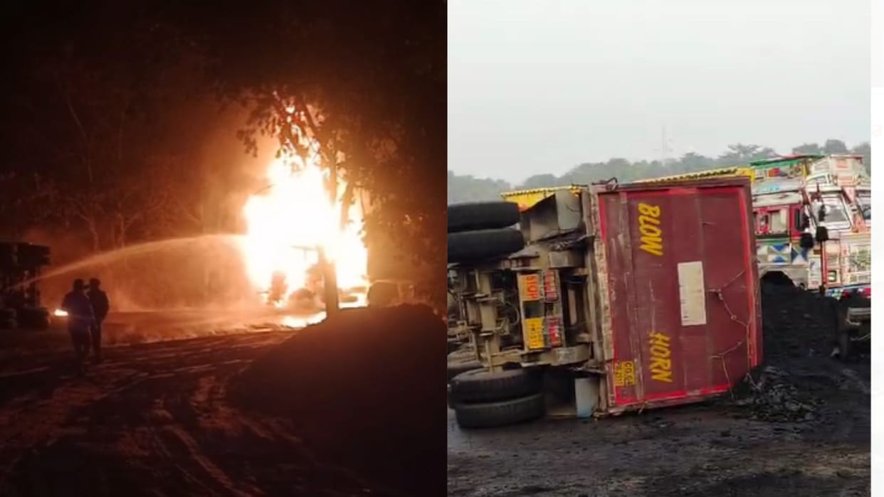 Fire in truck on Renukut-Anpara road: Four vehicles collided with each other driver saved his life by jumping