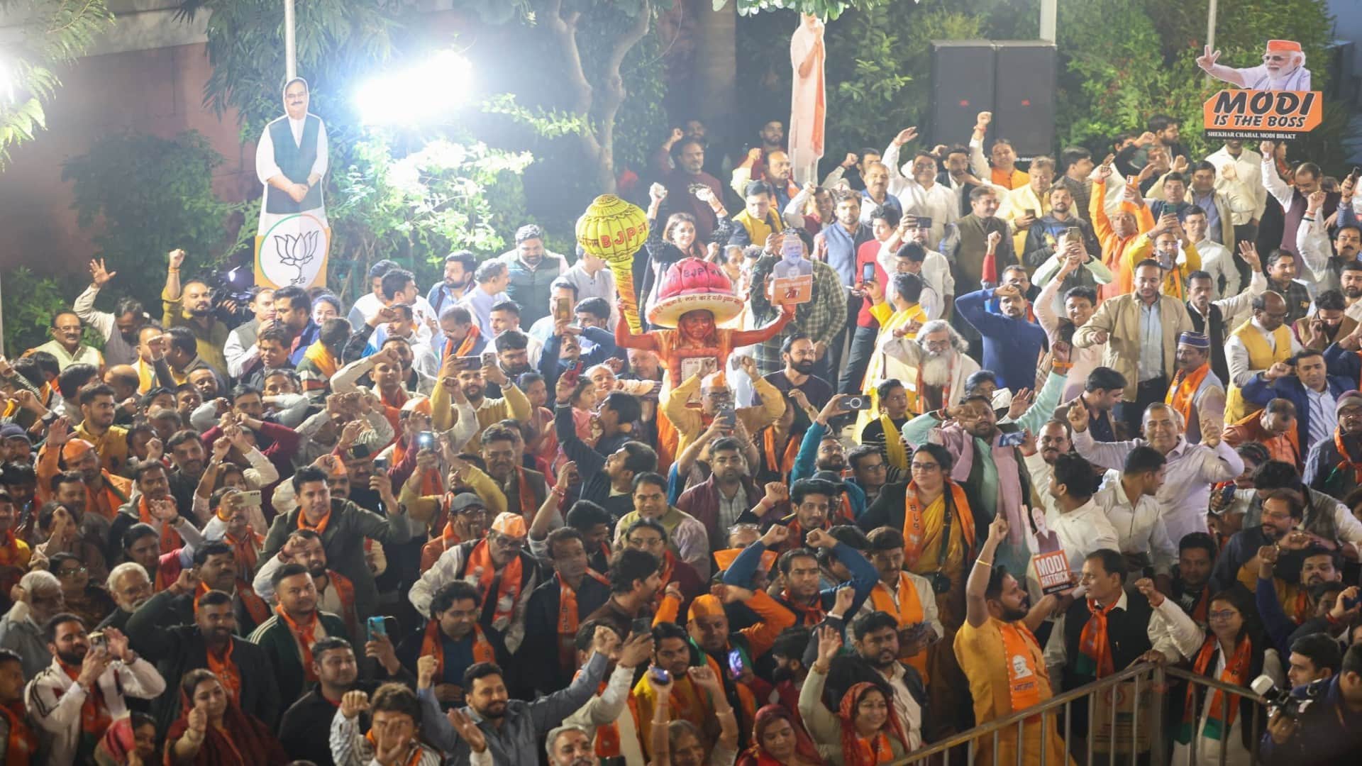 Celebrations on Mahayuti Maharashtra Victory BJP office Delhi PM Modi Rajnath Singh Amith Shah JP Nadda