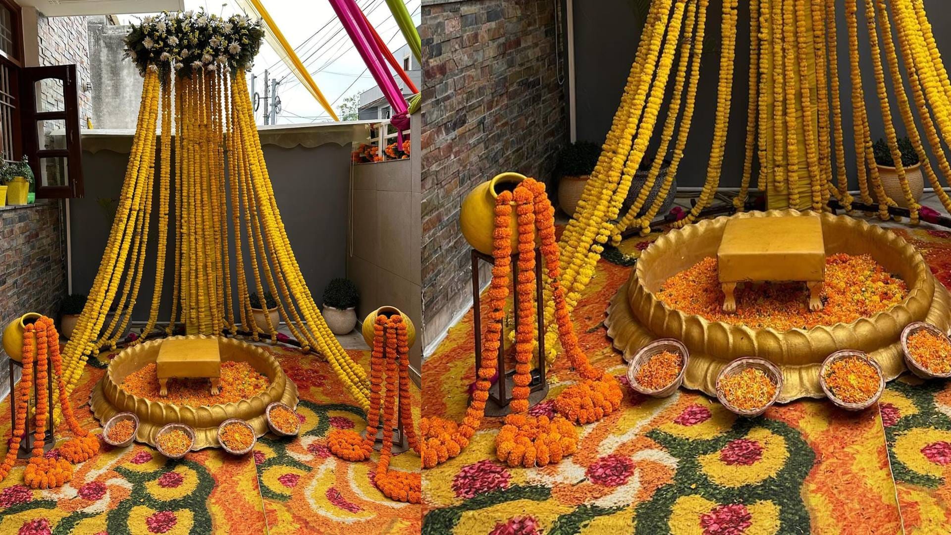 simple haldi and mehndi decoration idea for home