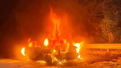 car caught fire after hitting boundary wall in Lucknow fire brigade brought it under control