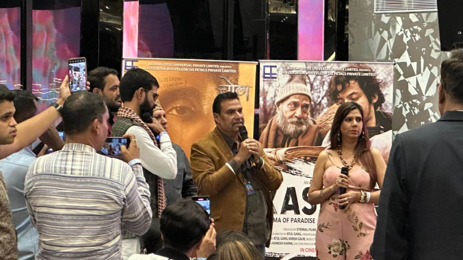 Karni Sena Youth Wing protests at IMPPA Yacht in Goa during chola trailer launch manoj joshi leaves function