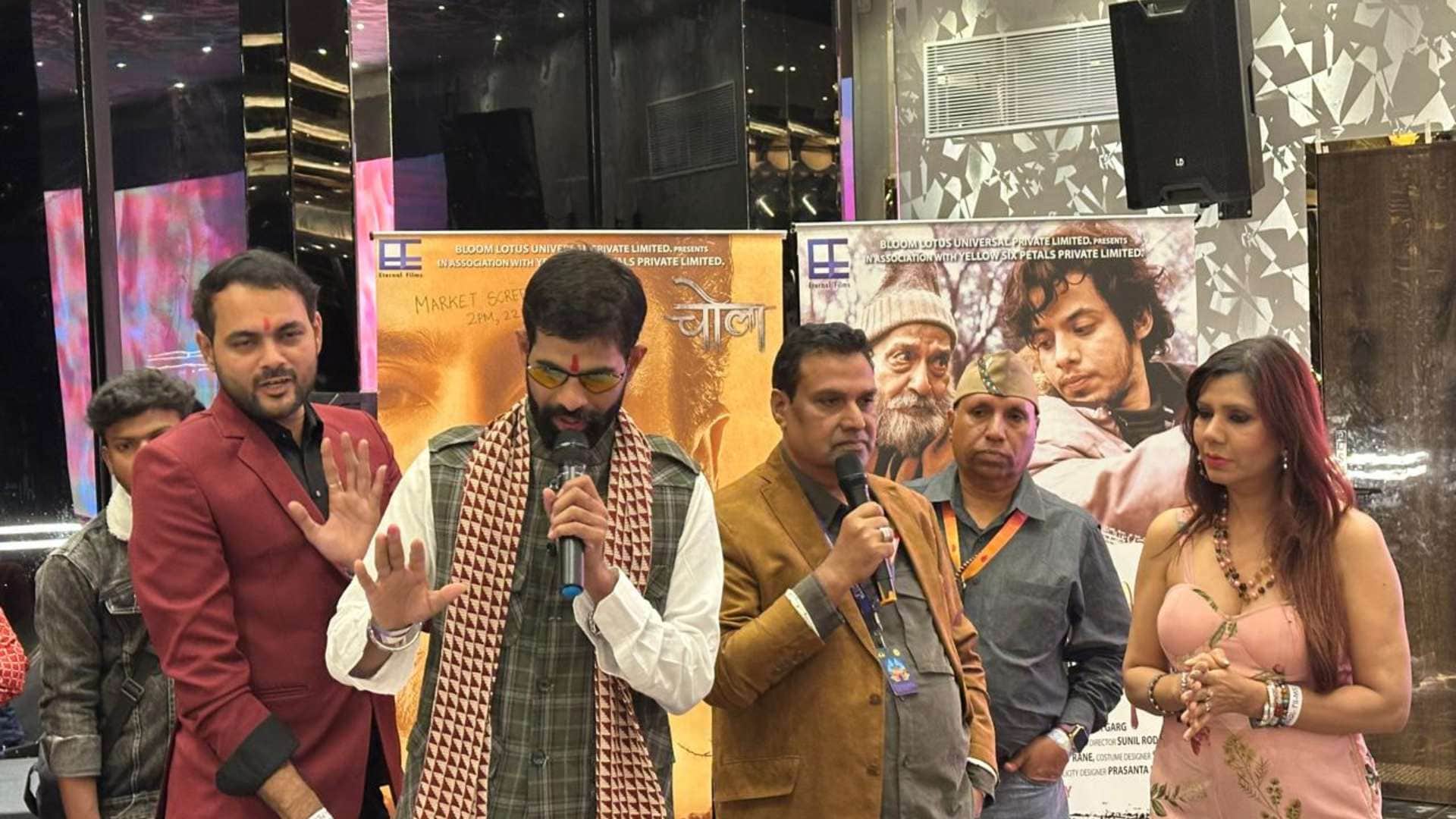 Karni Sena Youth Wing protests at IMPPA Yacht in Goa during chola trailer launch manoj joshi leaves function