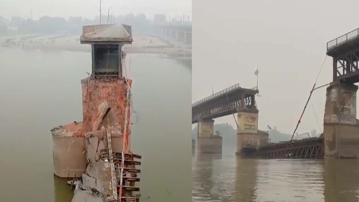 A large part of the old Ganga bridge submerged in the Ganges