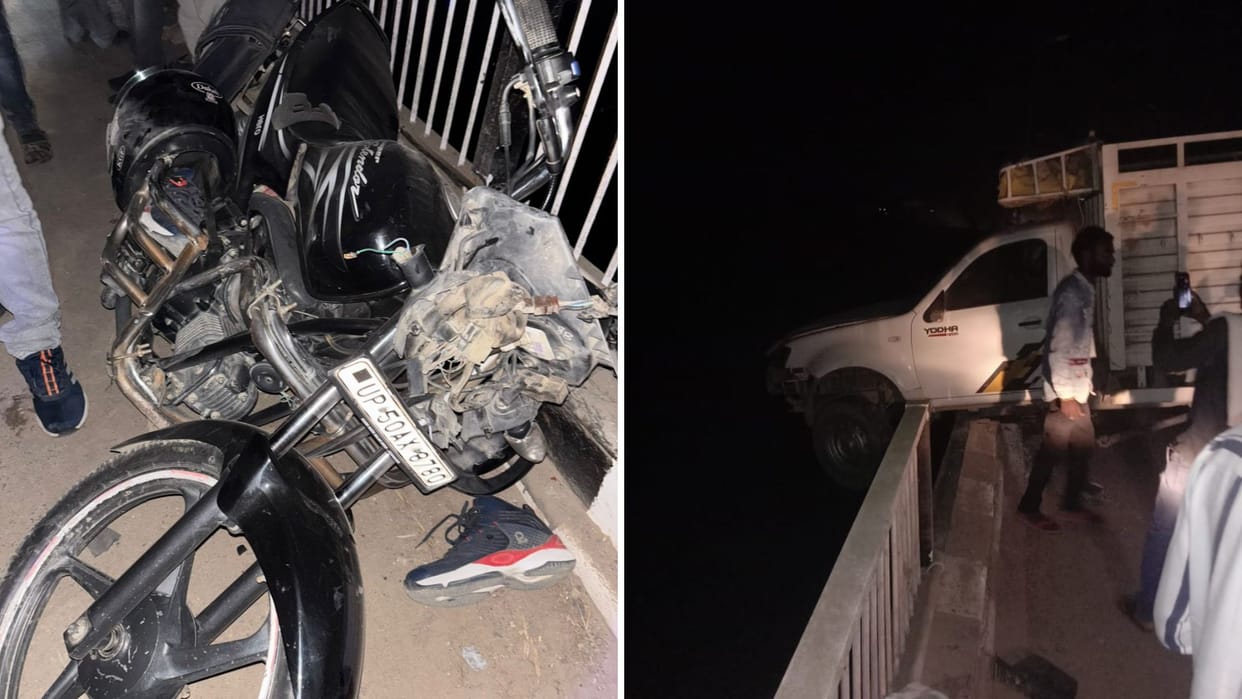 Pickup half hanging after breaking railing in Azamgarh: Collided with bike one injured