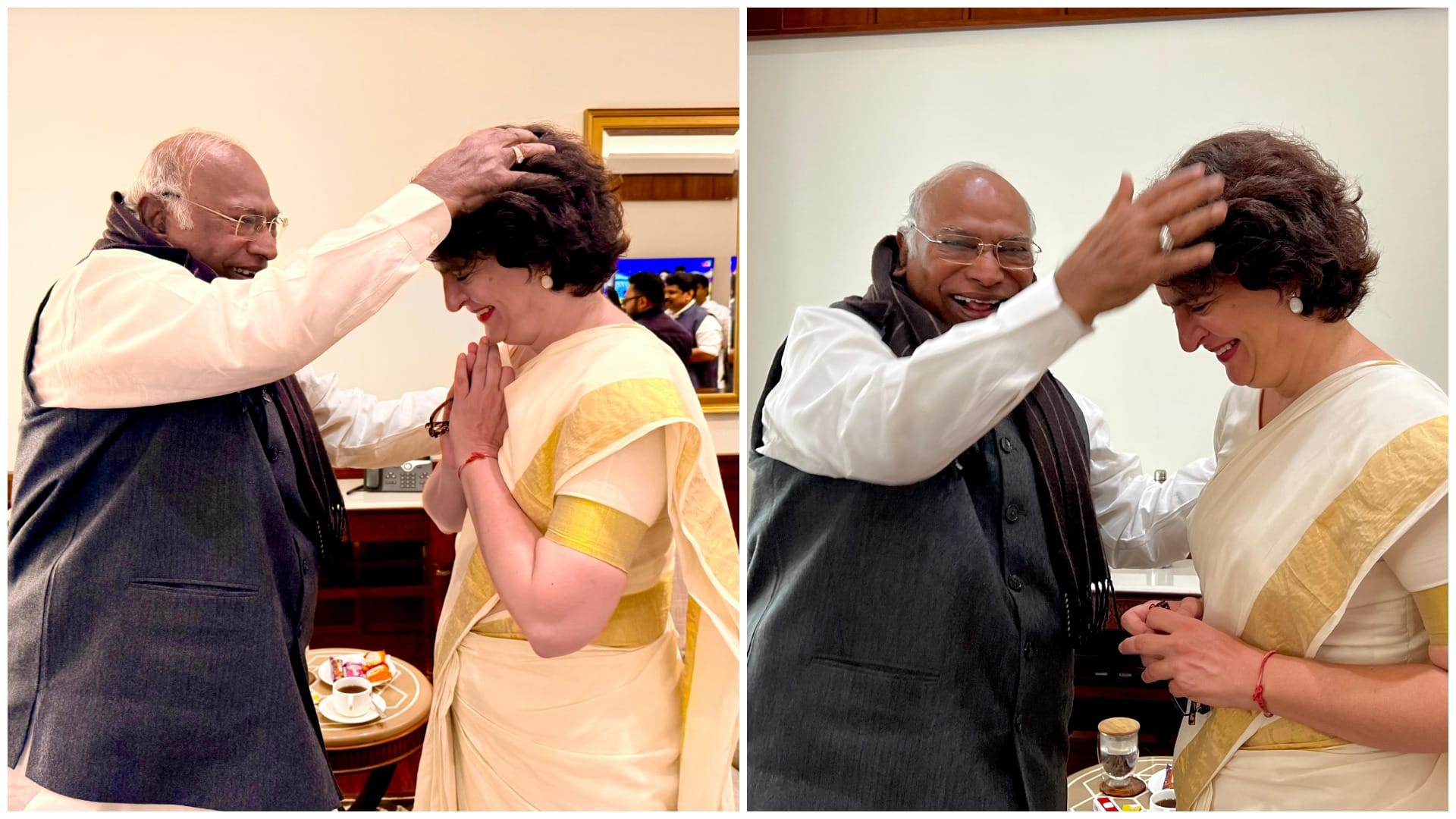 Congress activists celebrate the swearing in ceremony of Priyanka Gandhi.