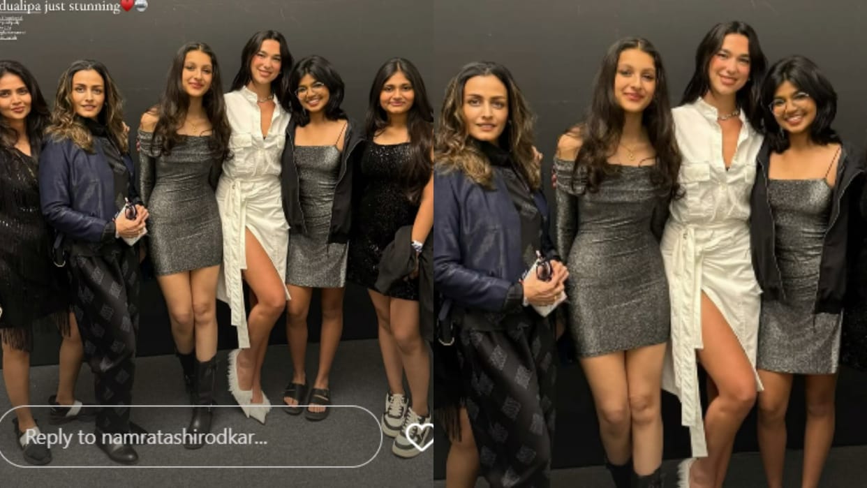 Dua Lipa Concert Mahesh Babu Daughter Sitara Ghattamaneni and Wife Namrata Shirodkar poses with Singer