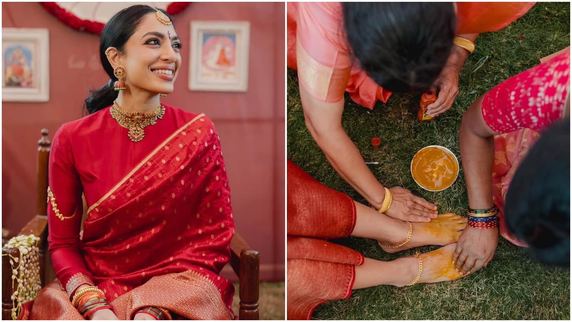 Sobhita Dhulipala Naga Chaitanya wedding: Sobhita looking beautiful in red saree during Pelli Kuthuru ritual
