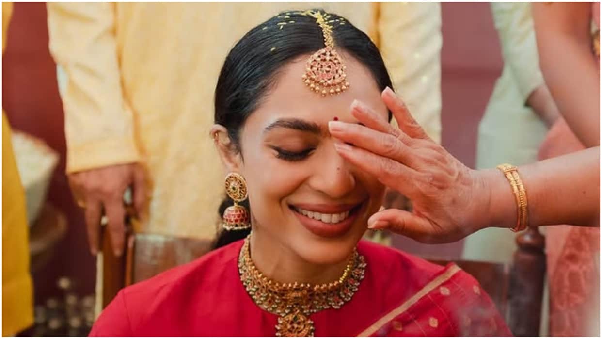 Sobhita Dhulipala Naga Chaitanya wedding: Sobhita looking beautiful in red saree during Pelli Kuthuru ritual