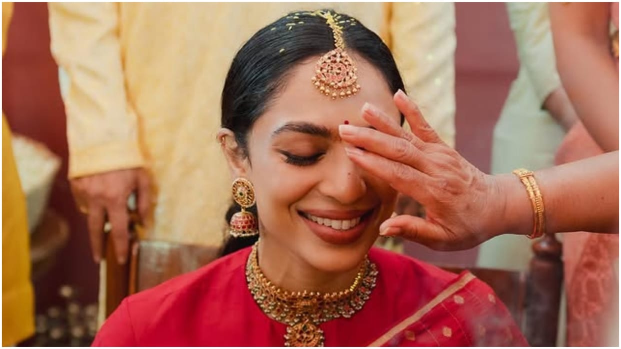 Sobhita Dhulipala Naga Chaitanya wedding: Sobhita looking beautiful in red saree during Pelli Kuthuru ritual