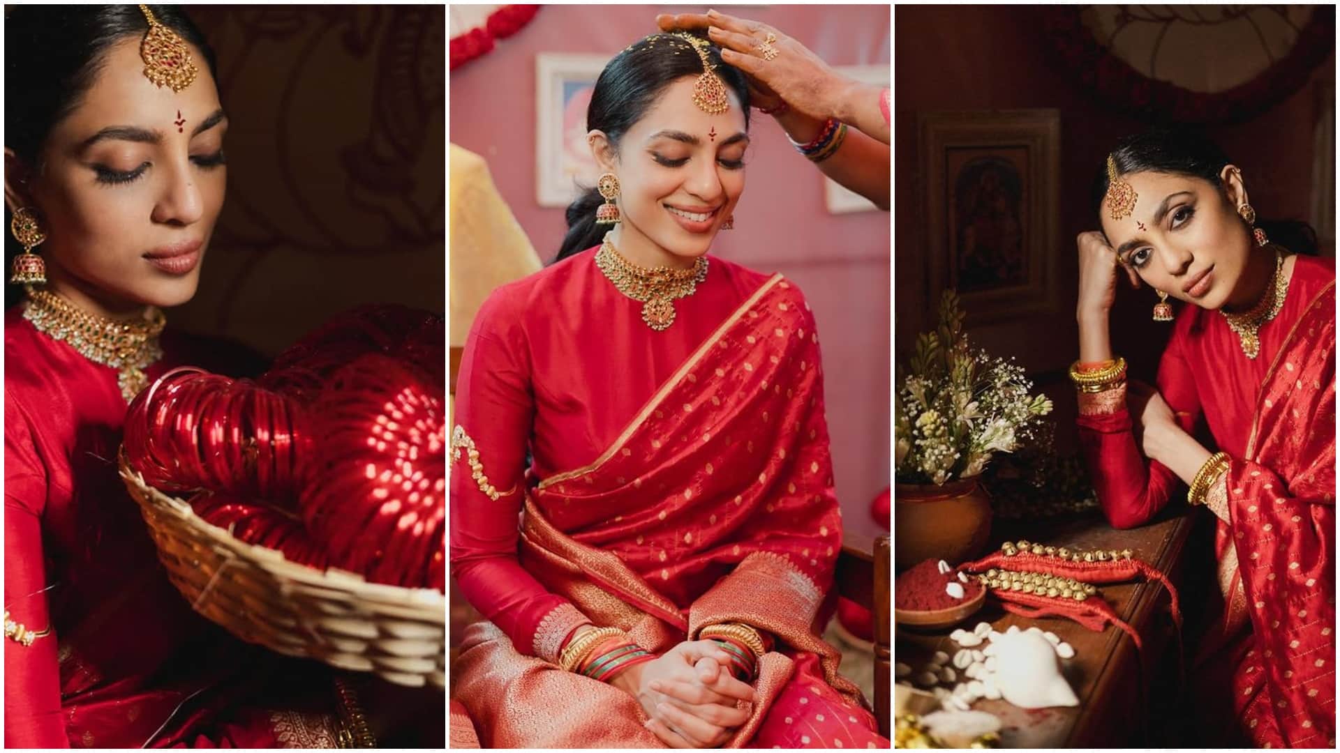 Sobhita Dhulipala Naga Chaitanya wedding: Sobhita looking beautiful in red saree during Pelli Kuthuru ritual