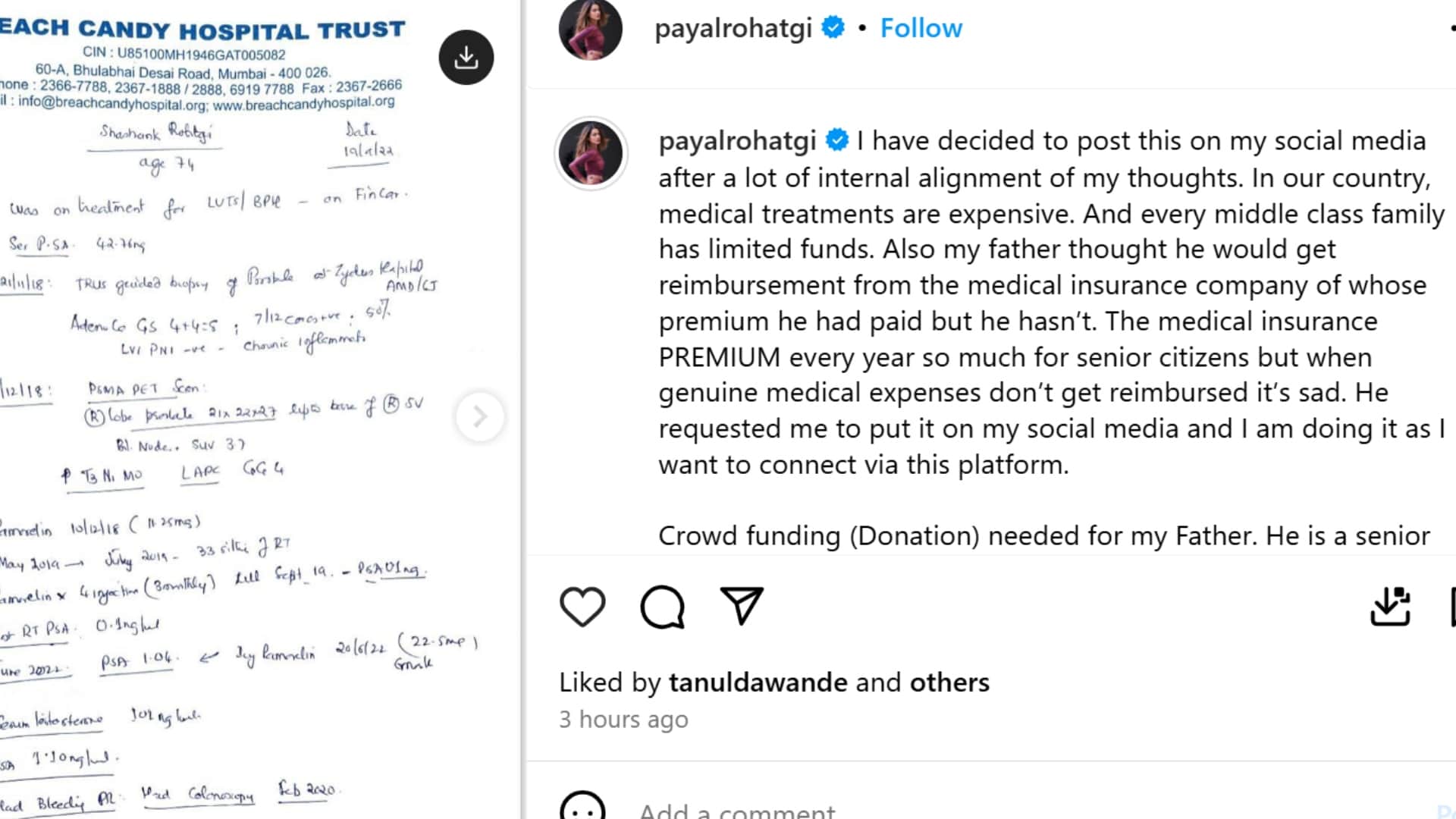 Actress Payal Rohatgi Ask Donations From Social Media Followers To Father Cancer Treatment