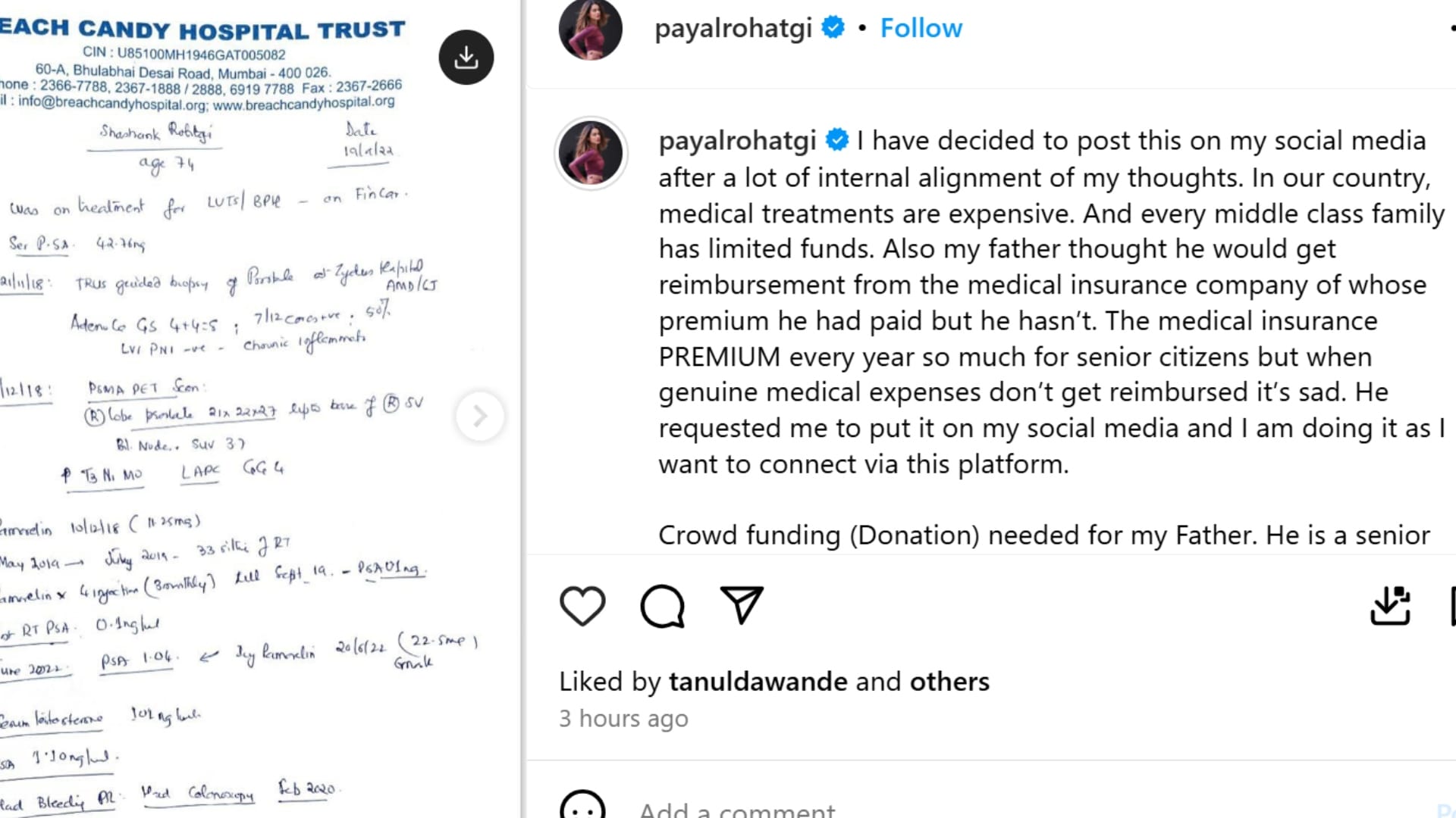 Actress Payal Rohatgi Ask Donations From Social Media Followers To Father Cancer Treatment
