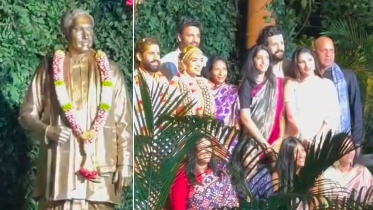 Naga Chaitanya Sobhita Dhulipala Newlyweds pose for picture perfect family photo in front of ANR statue viral