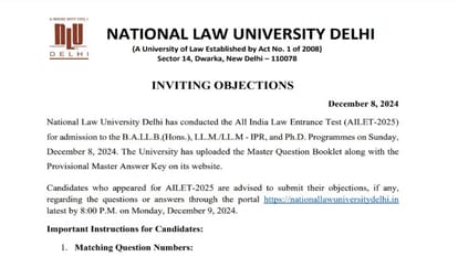 AILET Exam 2025: NLU Delhi posts answer key notice before exam; objection fee doubled