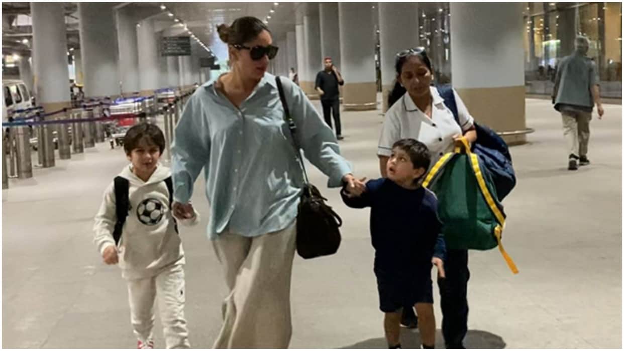 Kareena Kapoor Khan spotted at mumbai airport with sons taimur and jeh after sharmila tagore bday celebration