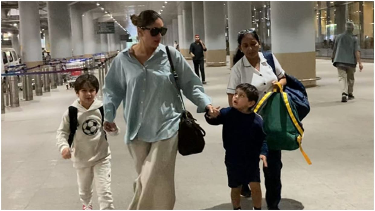 Kareena Kapoor Khan spotted at mumbai airport with sons taimur and jeh after sharmila tagore bday celebration
