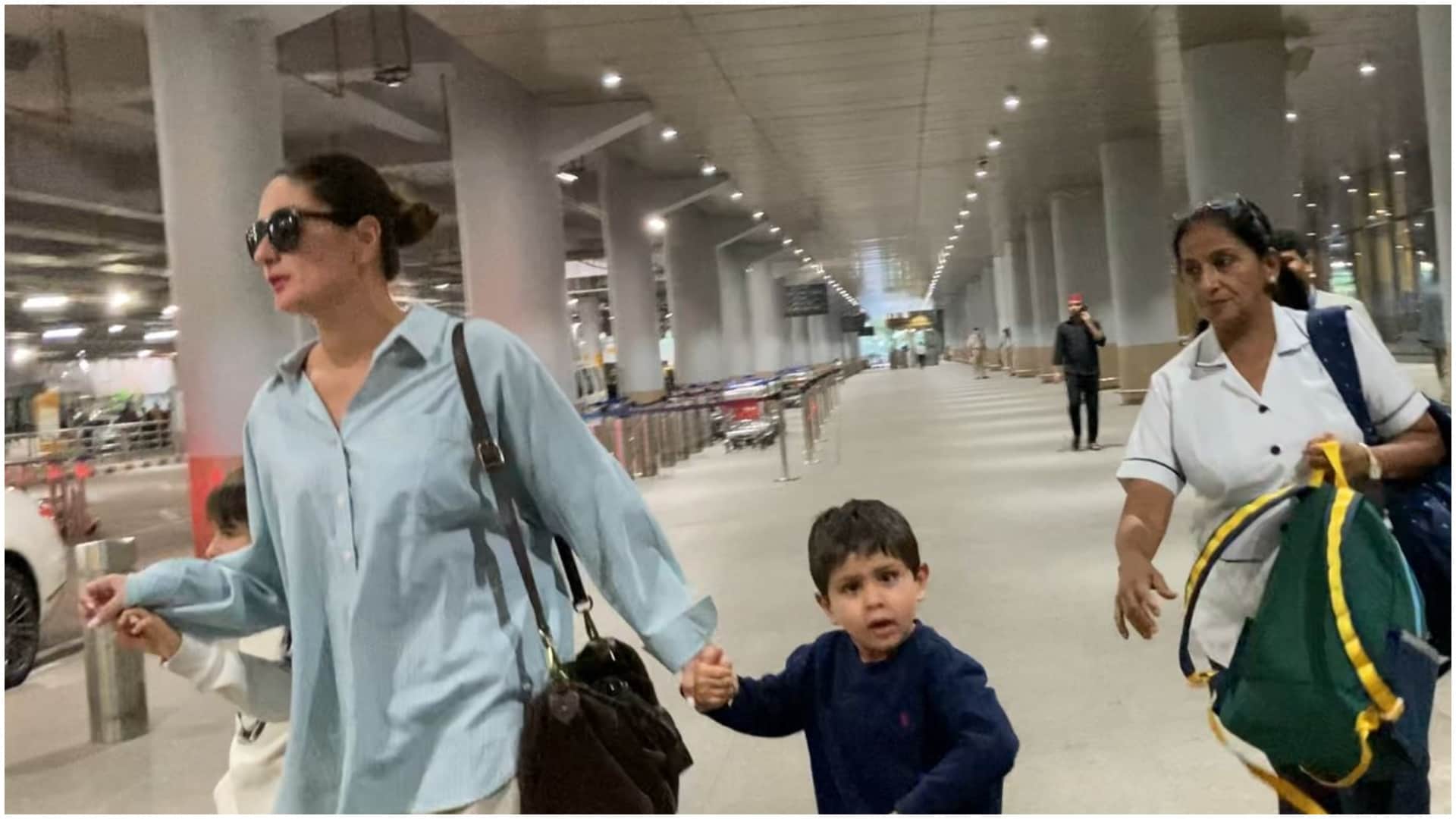 Kareena Kapoor Khan spotted at mumbai airport with sons taimur and jeh after sharmila tagore bday celebration