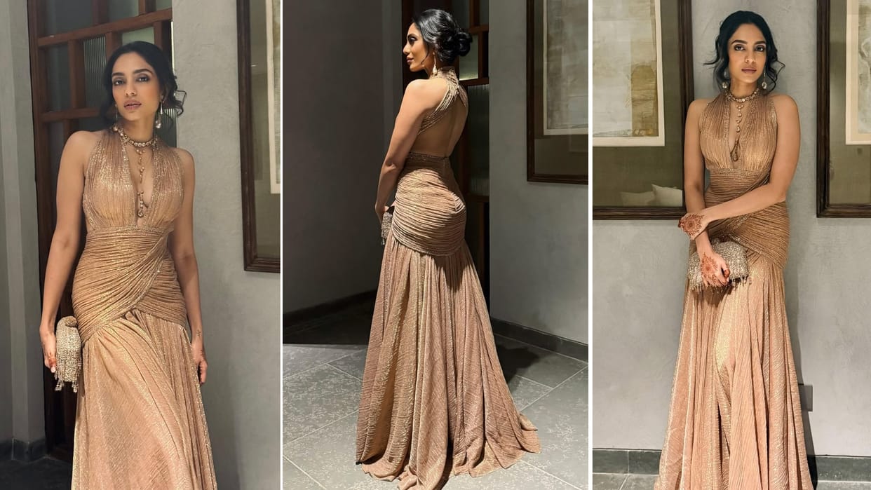 Sobhita Dhulipala amaze glam look in 1 lakh rupees Tarun Tahiliani gown at her post wedding cocktail report