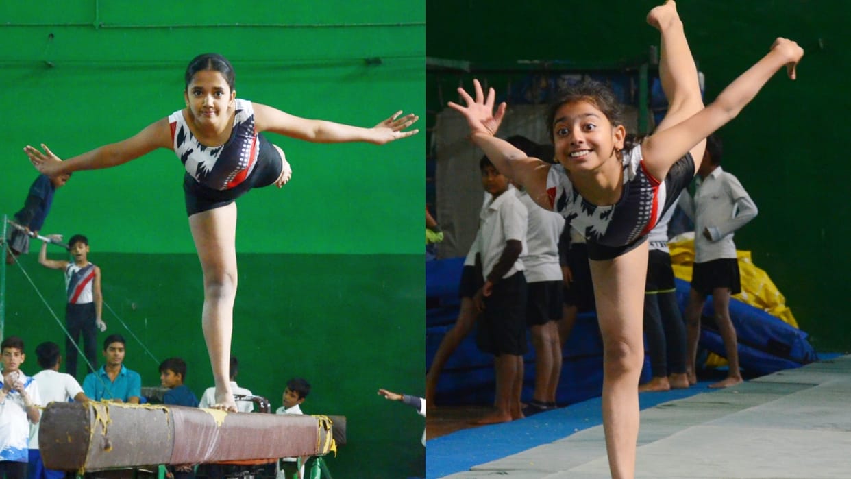 Riddhima stood first in balancing beam Akshita stood second in Gymnastics competition