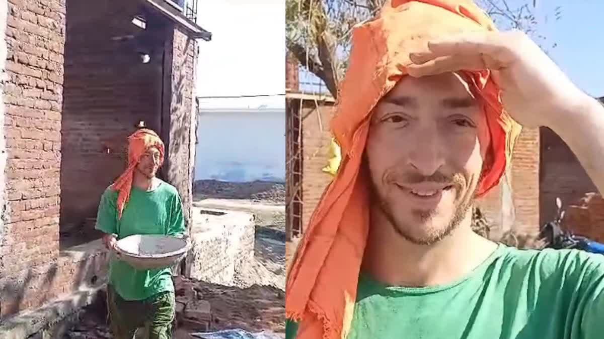 A foreign tourist from Italy is working as a labourer in the newly built shops in Khajuraho