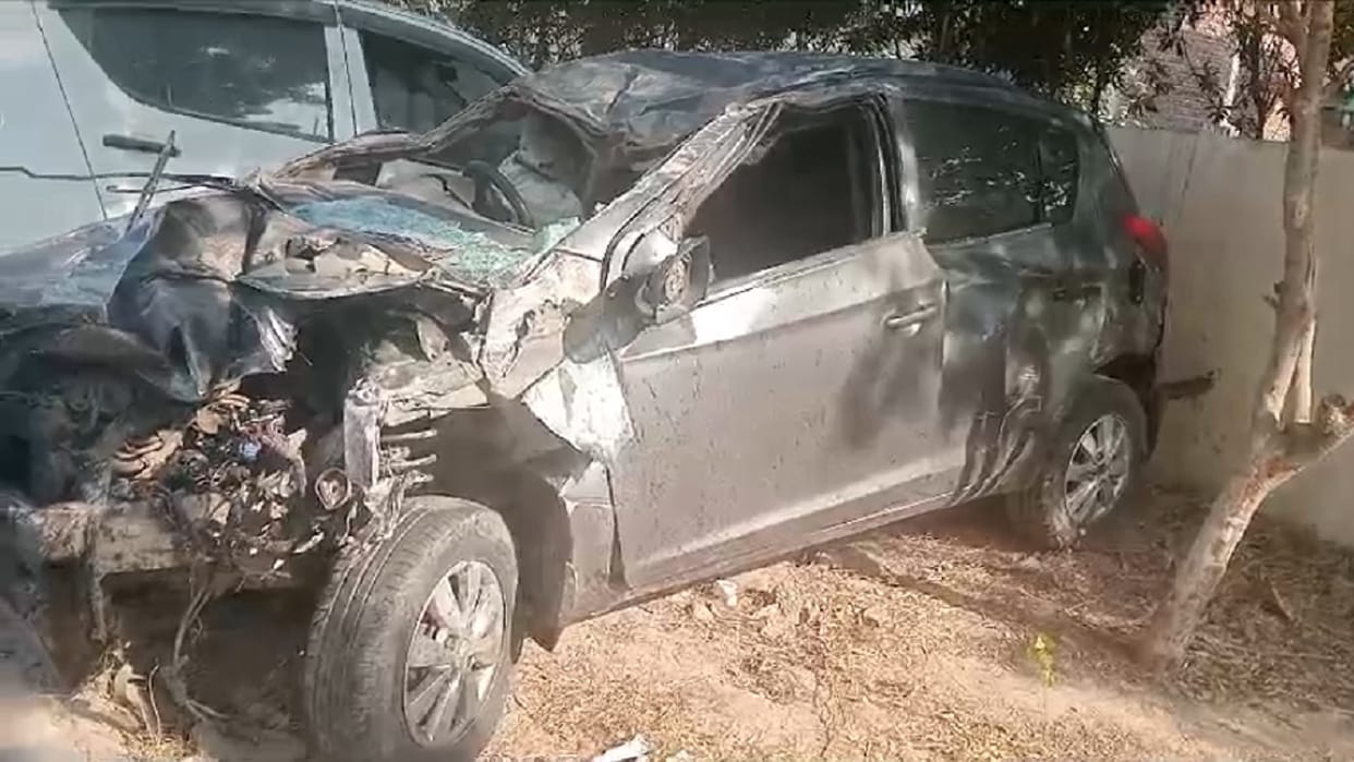 High speed havoc in Hisar, Car fell down from Jindal Overbridge, hit electric poles