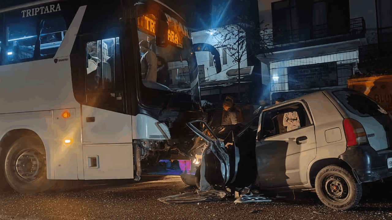 collision between car and Volvo bus Accident on Pathankot Mandi National Highway