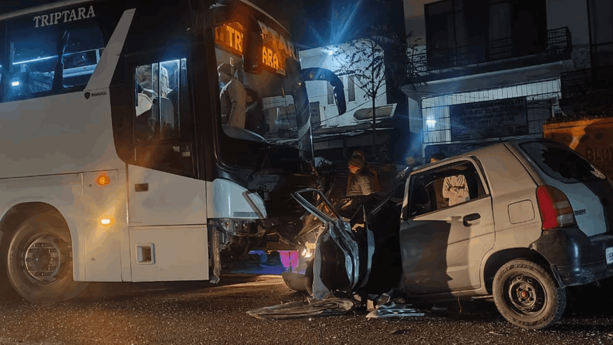 collision between car and Volvo bus Accident on Pathankot Mandi National Highway