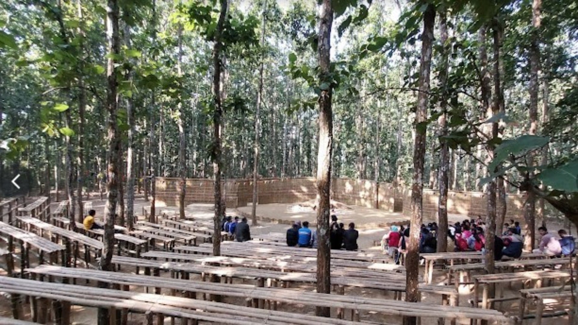 Under the Sal Tree Theatre Festival: Open stage under the trees, audience sits on straw; see picture