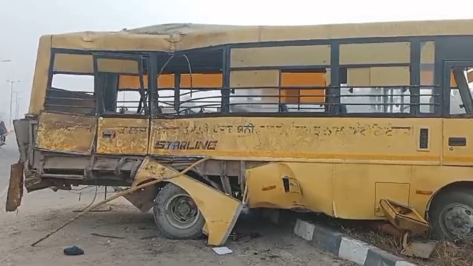 private company bus hit school van in Faridkot, one died