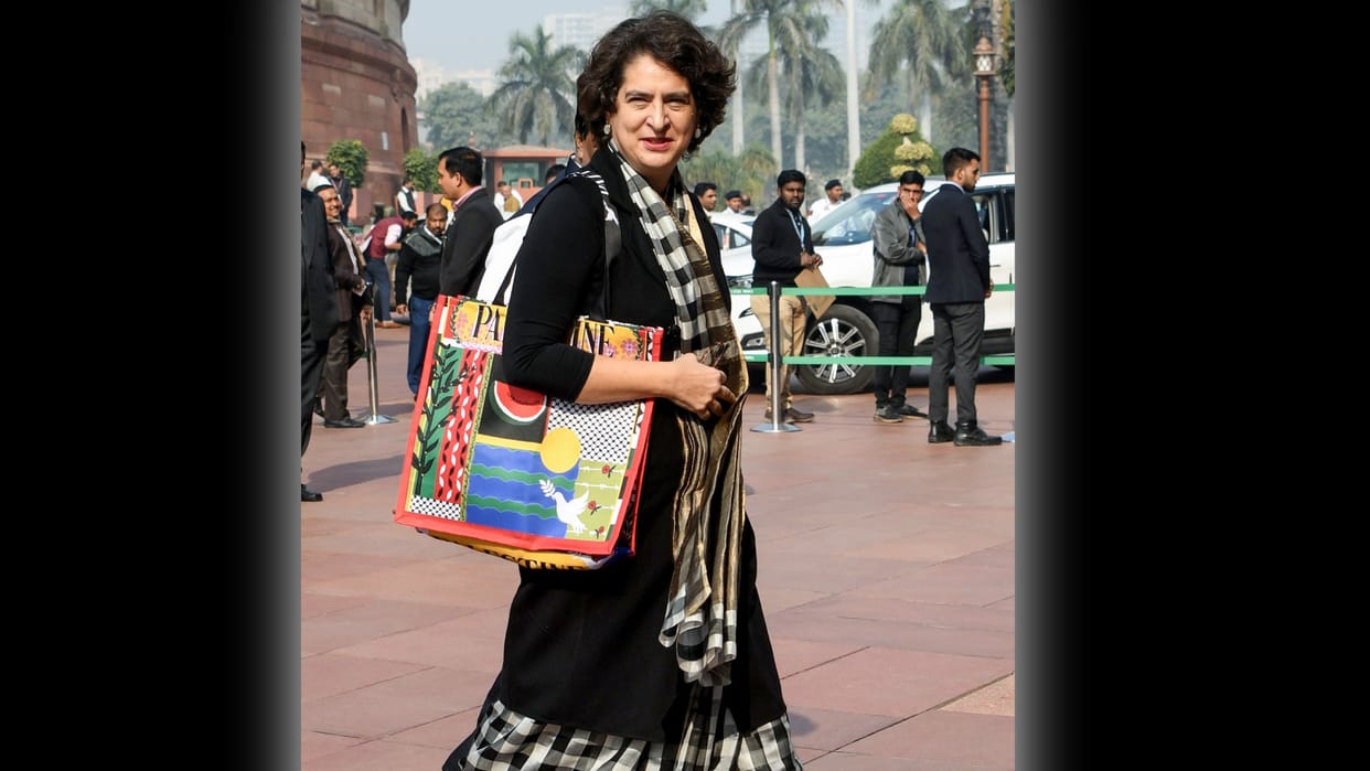 BJP MP Aparajita Sarangi gave a bag with 1984 purportedly written on it to Congress MP Priyanka Gandhi Vadra