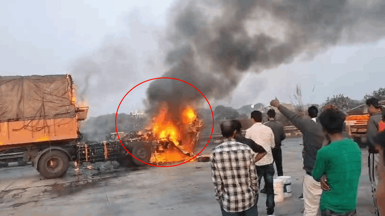 A moving truck on the Agra-Lucknow Expressway turns into a ball of fire